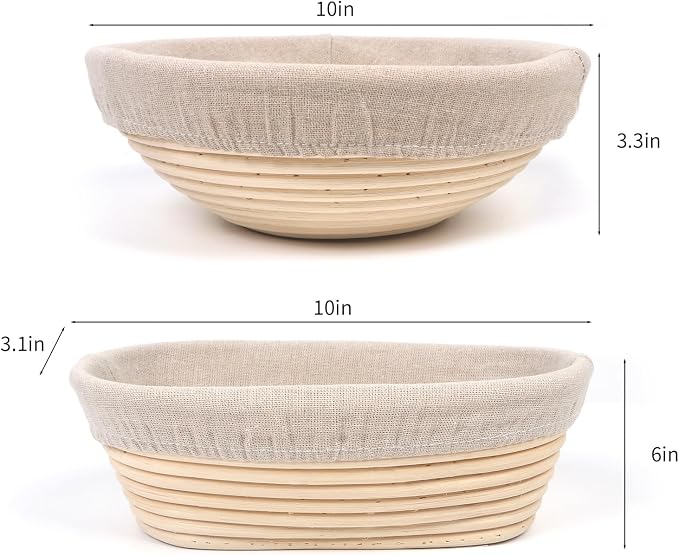 Banneton Bread Proofing Basket Set, 11 Inch Sourdough Proofing Basket and Bread Baking Supplies-Bread Lame, Danish Whisk, Bowl & Dough Scraper, Brush, (Rattan, 10in Round +10in Oval+1 Set Jar Kit) - Image 3