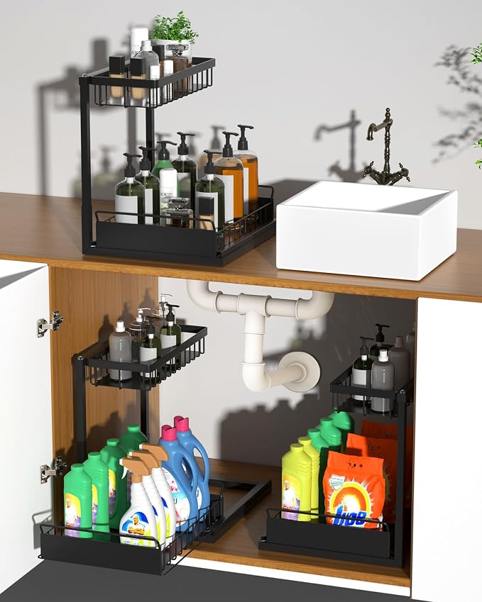 Under Sink Organizer,Metal Pull Out Kitchen Cabinet Organizer with Sliding Drawer,Sturdy Multi-Functional for Bathroom Organization,Black - Image 3