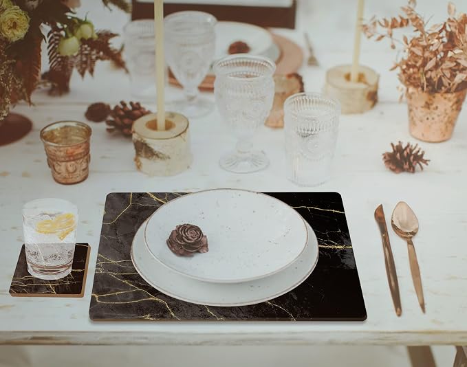 Set of 4 Heat Resistant Cork Placemats for Dining Table with Free Set of 4 Matching Drink Coasters Marble Design 16 x 12 Inches Cork Backed Hard Placemats (Black & Gold) - Image 8