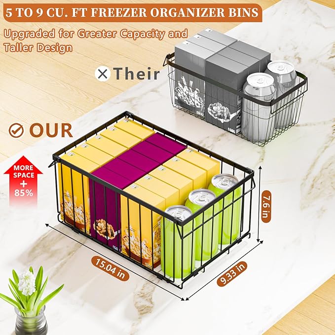 Large Freezer Organizer Bins for 5 to 9 Cu.Ft,Quick Expand/Collapse,4PACK | Freezer Organizer Bins, Stackable,foldable,With handle Wire Storage Container Baskets for Sort Frozen Meats,Leak-Proof Liner - Image 3