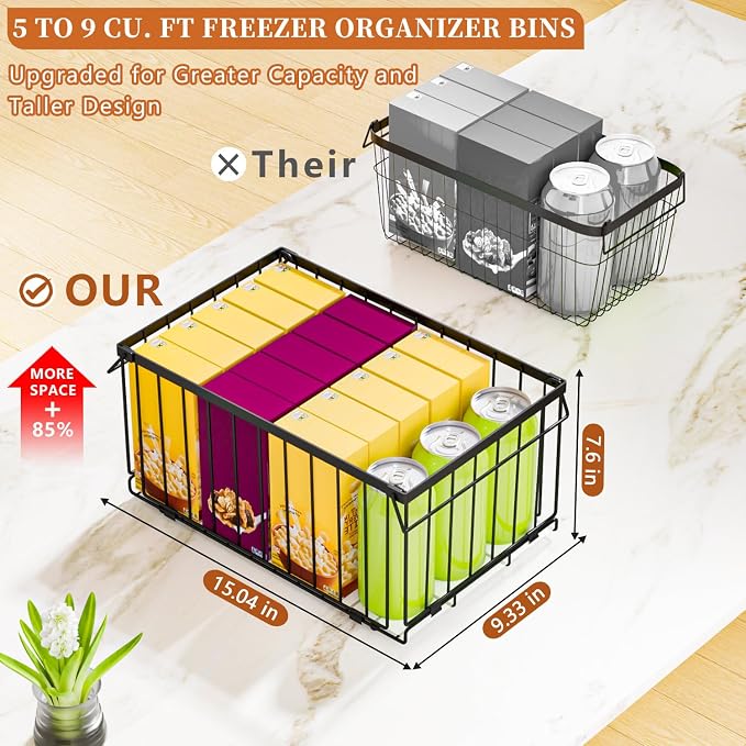 Large Freezer Organizer Bins for 5 to 9 Cu.Ft,Quick Expand/Collapse,6PACK | Freezer Organizer Bins, Stackable,foldable,With handle Wire Storage Container Baskets for Sort Frozen Meats,Leak-Proof Liner - Image 3
