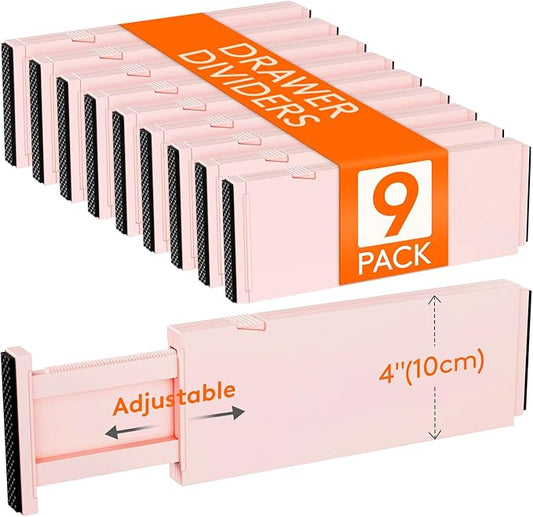 Lifewit 9 Pack Drawer Dividers 4" High 28-43.5cm/11-17" Adjustable Drawer Organizer for Clothes/Utensils, Expandable Drawer Separator in Dresser/Kitchen/Bedroom/Office Organization & Storage Pink by Lifewit