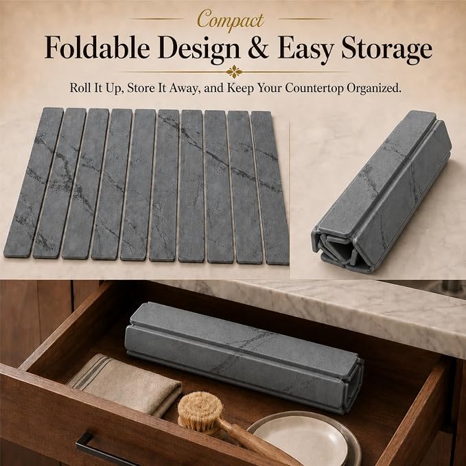 2 PCS Large Stone Dish Drying Mat for Kitchen Counter, 24" x 16" Diatomaceous Earth Dish Mat with 8" x 4" Coaster, Quick Dry Foldable Absorbent Mat for Dishes, Cups, Bottles (Dark Gray) - Image 5