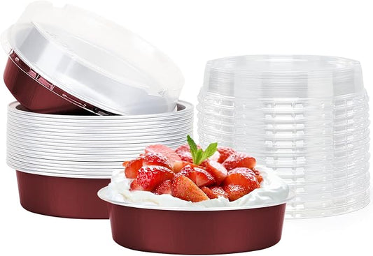 Beasea Disposable Mini Pie Tins with Lids, 20 Pack 4” 7.3oz 215ml Small Round Aluminum Baking Tart Foil Container for Individual Dessert Cupcake Cheesecake Ramekin Quiche Oven Dishes - Wine Red by Beasea