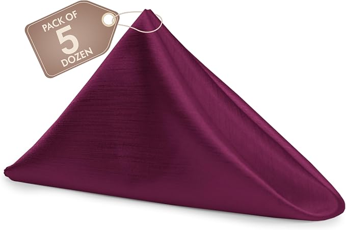 17 x 17-Inch Shantung Satin Cloth Napkins, Plum, Set of 60 | Bulk Case of 5 Dozen, Square, 100% Polyester Fabric, Reversible, Faux Dupioni Silk Reverse Side, Machine Washable, Purple by UltimateTextile