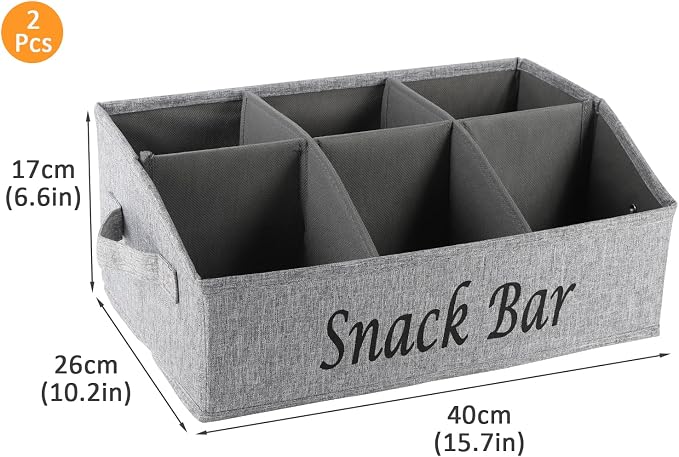 2 Pack Countertop Snack Organizer, Fabric Snack Box Basket with Handles, 6 Compartment Kitchen Cabinet Pantry Organizer and Storage - Grey - Image 7