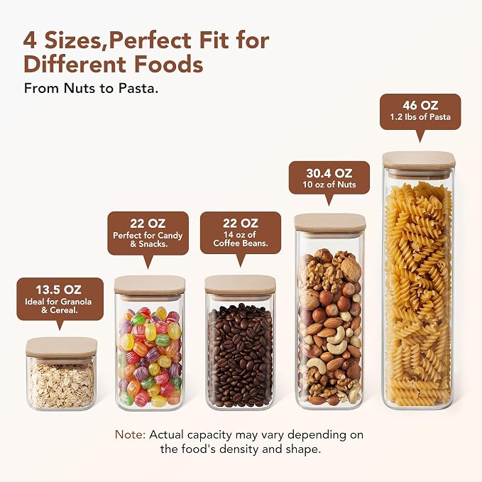 Square Glass Pasta Storage Containers, Set of 5, Pantry Organization & Storage Jars with Bamboo Lids, Stackable Borosilicate Kitchen Canisters for spaghetti, Sugar, Coffee, and Cereal - Image 5