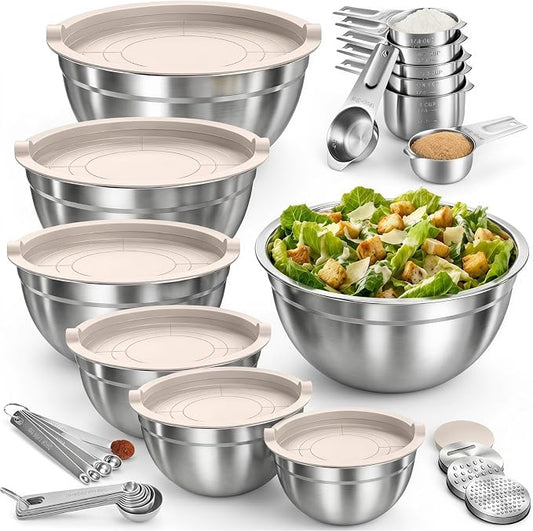 31PCS Mixing Bowls with Lids Set, 5.5QT to 0.6QT Stainless Steel Nesting Bowls with Graters, Large Khaki Bowls & 21 Measuring Cups and Spoons Set Kitchen Appliances for Mixing, Baking, Food Storage by YUNNKEEY