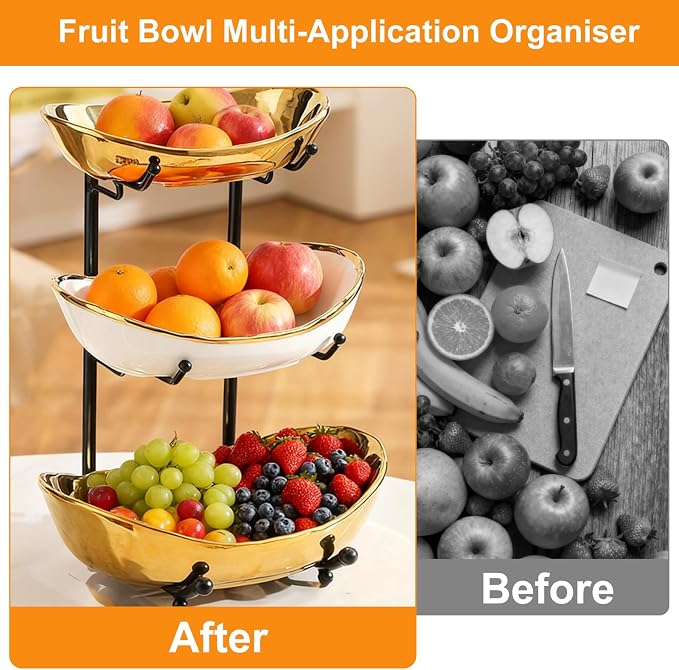 3 Tier Fruit Bowl for Kitchen Counter,Ceramic Bowl with Metal Stand,3 Tier Fruit Basket for Vegetable Bread Candy Snack Nuts Dessert Cake Tray (Gold Bowl Black Rack) - Image 5