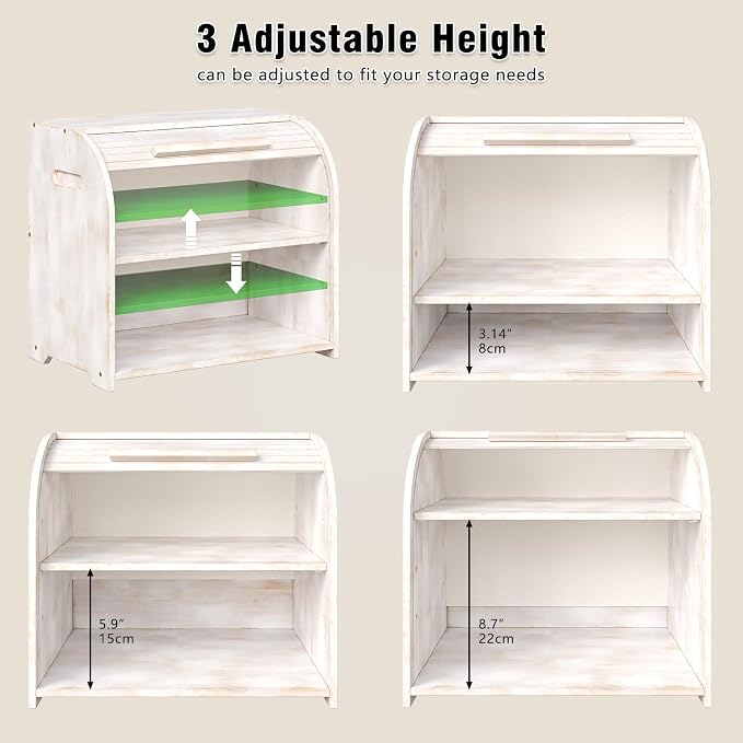 Trironsun Bamboo Roll Top Bread Box for Kitchen Countertop Large Capacity Bread Storage Bin 2 Layer Wooden Bread Storage Organizer Natural Breadbox for Food Storage (Antique White) - Image 4