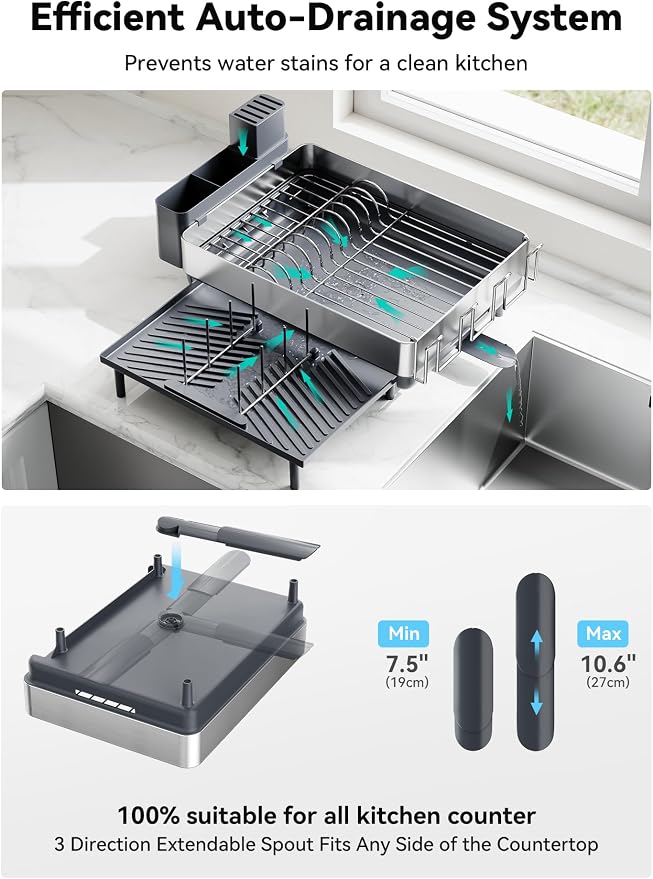 Large Dish Drying Rack, Expandable Dish Racks for Kitchen Counter, Space Saving 304 Stainless Steel Drying Rack Kitchen, Extra Large Drainer with Multifunctional Flip Up Pegs, Gray - Image 5
