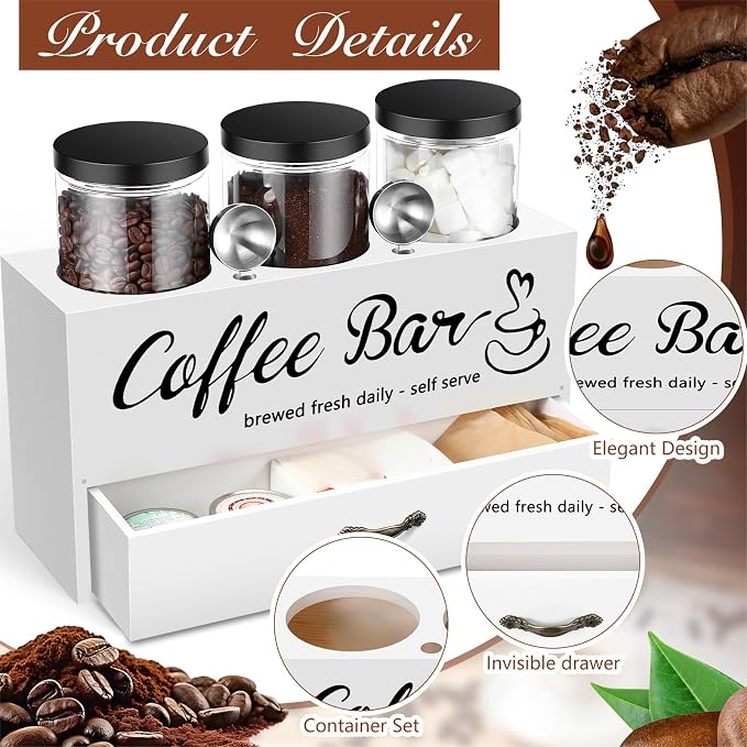 3 Pcs Coffee Bar Containers Set Include Coffee Sugar Container with Lid and Spoon and Double Layer Storage Box with Drawer for Bar Kitchen Countertop(White) - Image 3
