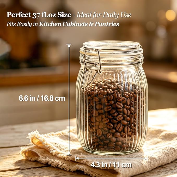 ComSaf Ribbed Glass Pantry Jars with Airtight Lids 34 oz 3 Pack Coffee | Flour sugar coffee beans, Fermenting pickling, Farmhouse pantry decor, Kitchen storage, Dry food storage, Sourdough starter - Image 3