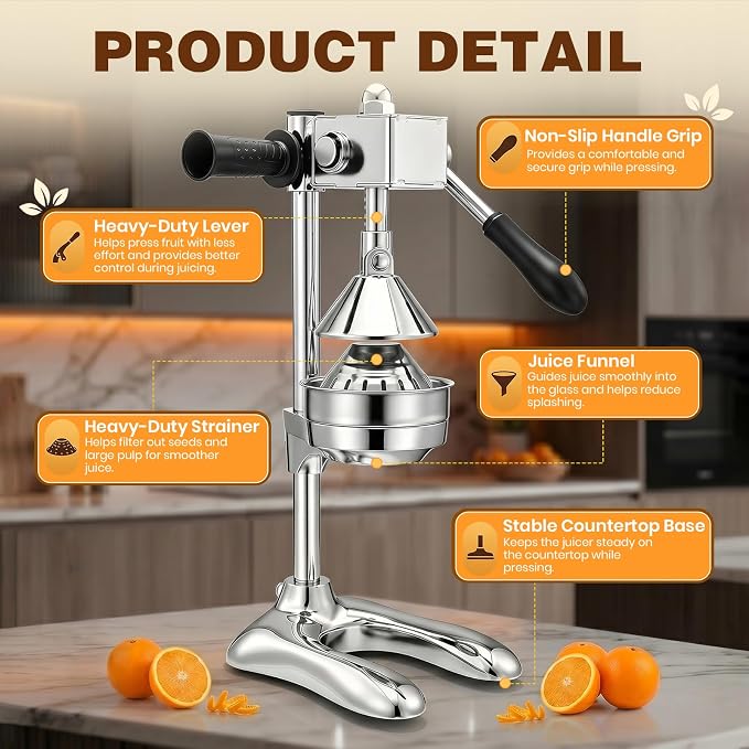 Stainless Steel Manual Citrus Juicer with Stable Countertop Base | Cast Iron Juicer, Hand Juice Squeezer, Gear-Drive Rotary Press for Oranges, Lemons, Pomegranates - Image 2