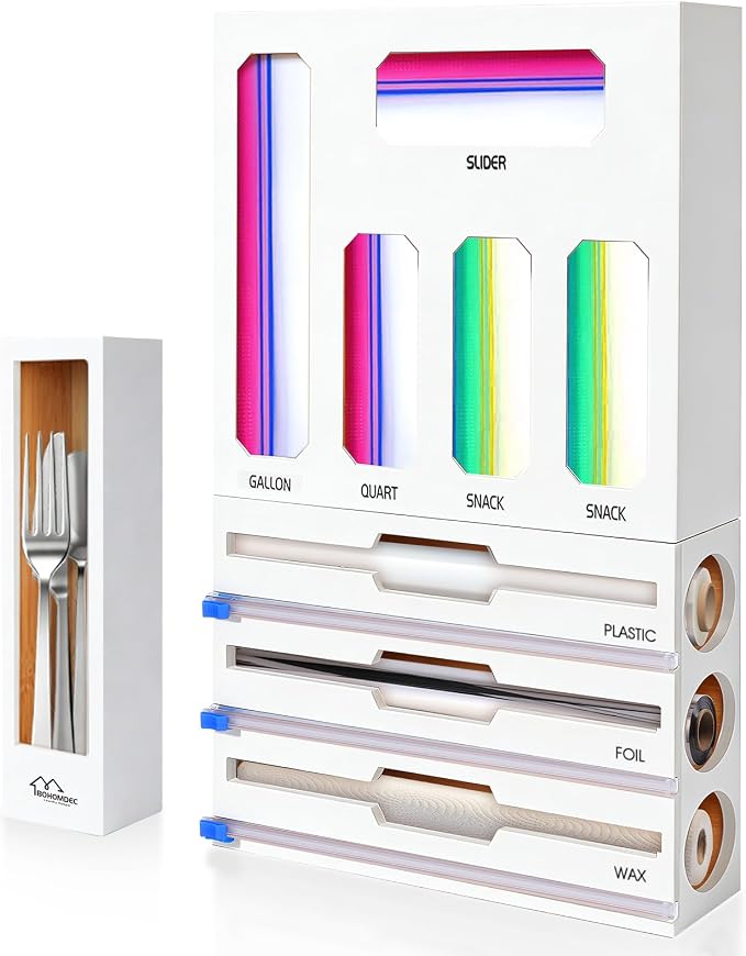 9 in 1 Foil and Plastic Wrap Dispenser with Cutter, White Bamboo Ziplock Bag Organizer for Drawer - Holds Gallon, Quart Bags & Aluminum Foil/Wax Paper, Wall Mountable Kitchen Storage by BOHOMDEC
