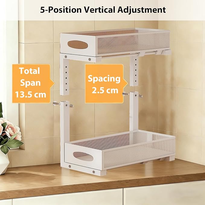 2 Pack Under Sink Organizer, 2-Tier Pull Out Kitchen Cabinet Organizer, Height Adjustable Metal Slide Out Bathroom Organizers and Storage Makeup Drawer Organizer for Office Bedroom(A-White, 2Pack) - Image 4