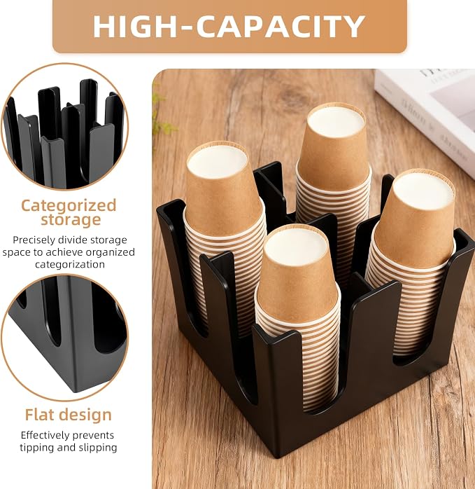 Black Commercial Cup and Lid Holder with Straw Organizer,Disposable Coffee Cup Condiment Dispenser for Countertop Org, Bar, Beverage Cup, Kitchen, Breakroom 8.66"x8.66"x7.87" (Square cup holder) - Image 6