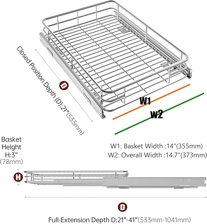 Cabinet Pull Out Shelves 14" W x 21" D, Chrome-Plated Steel | Heavy-Gauge Wire Kitchen Cabinet Organizer, 100 lbs Capacity, Ball-Bearing Glides, Min 15" Opening, Under Sink Organizer - Image 3