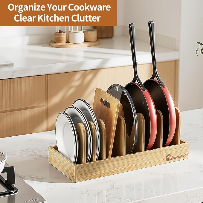 Housolution Bamboo Pot and Pan Lid Organizer Holder Storage Rack | 7 Adjustable Dividers, Upgrade Solid Wooden Base, Easy Assembly - Image 3