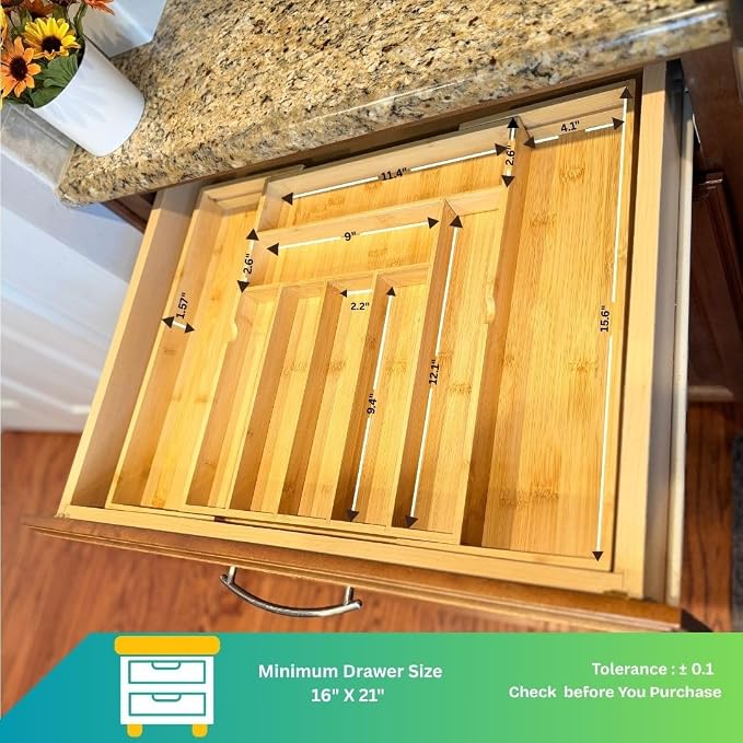 EVERLINE Expandable Bamboo Drawer Organizer for Kitchen Utensils | Adjustable Silverware Organizer Tray, 7-9 Compartments, Natural Bamboo, Cutlery & Kitchen Storage - Image 2