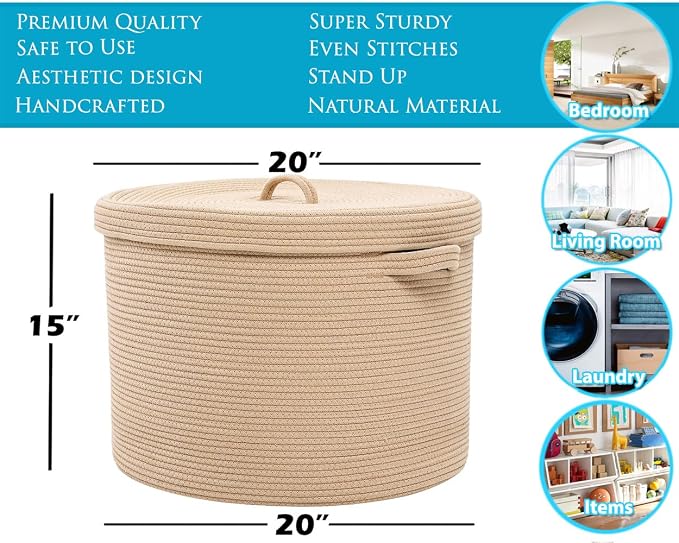 20x15 Inch Extra Large Round Cotton Rope Storage Basket with Lid, Decorative Woven Bin with Cover for Living Room Bedroom Closet, Beige - Image 2