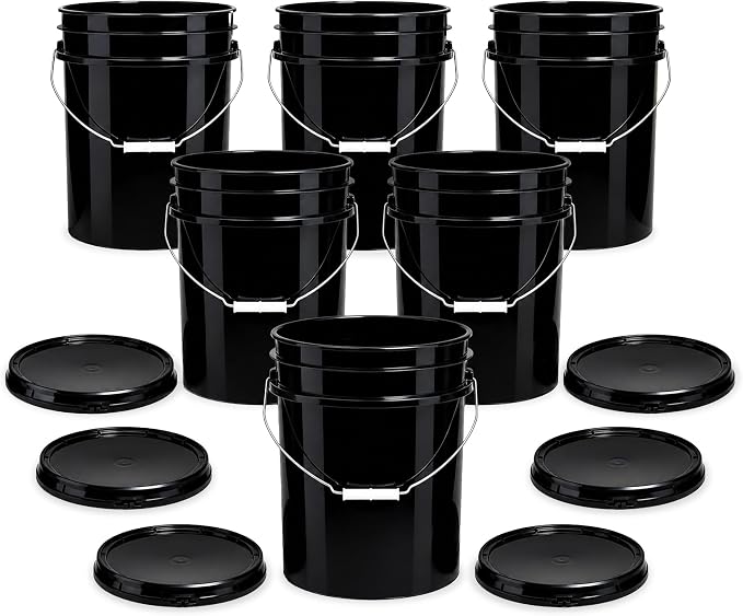 5 Gallon Bucket - Food Grade w/Lid BPA-Free, 6 Pack - Black | Airtight Gasketed Tear Strip Lid, Heavy-Duty 90 Mil HDPE Plastic Pail, Bulk Storage, Food Safe Durable Container, Made in USA by ePackageSupply
