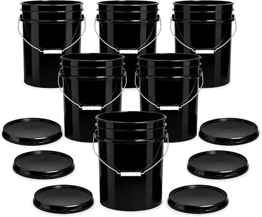 5 Gallon Bucket - Food Grade w/Lid BPA-Free, 6 Pack - Black | Airtight Gasketed Tear Strip Lid, Heavy-Duty 90 Mil HDPE Plastic Pail, Bulk Storage, Food Safe Durable Container, Made in USA by ePackageSupply