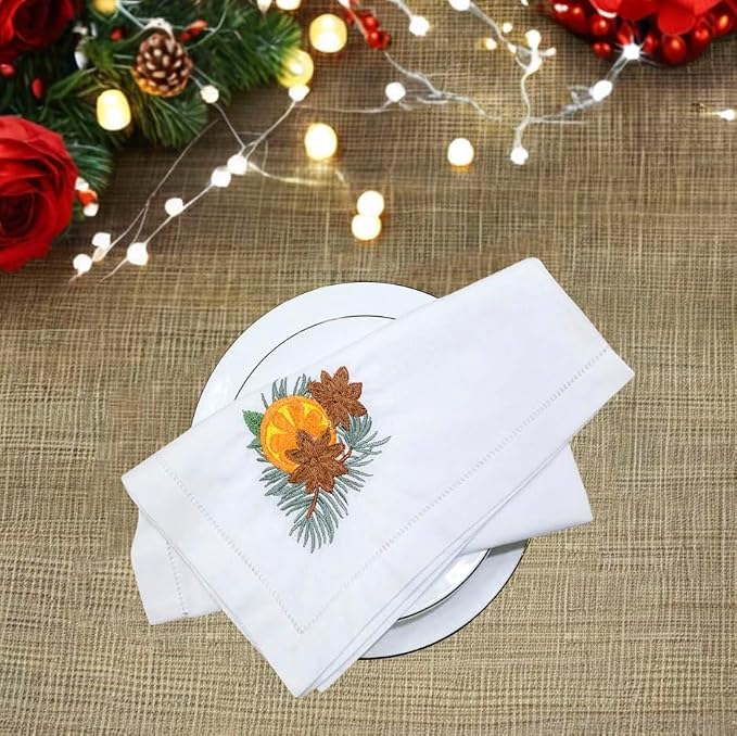 Embroidered Cloth Napkins, Set of 6 – Pine Cone, Orange & Palm Leaf Design – 20x20 Hemstitch Cotton Table Napkins – Machine Washable, Holiday & Everyday Use, Great Gift Idea - Image 6