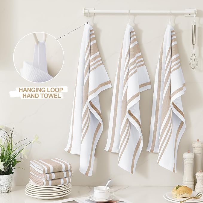 Homaxy Premium Cotton Stripe Kitchen Towels 8 Pack, 18"x 28", Khaki | Large 380 GSM Kitchen Hand Towels, Soft Terry Dish Towels, Highly Absorbent Tea Towel Set with Hanging Loop - Image 3