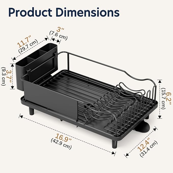 KINGRACK Dish Drying Rack for Kitchen Counter, Dish Drainer with Cup Holder | 16.9"L x 12.4" W Dish Rack with Spacious Drying Capacity, Quick Auto Dish Drainer for Plate Dish Dinnerware, Black - Image 3