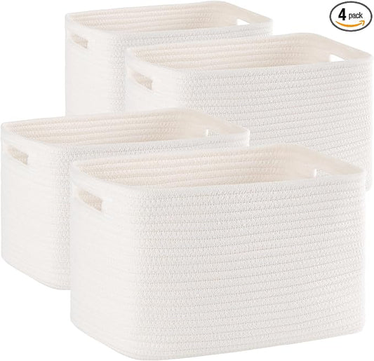 4 Pack Storage Baskets for Organizing, Woven Baskets for Shelves - Perfect for Toys, Books, Towels, and Clothes, Durable Gift Basket Bins Toy Storage, 12.7''L x9''W x7.8''H, White by SIXDOVE