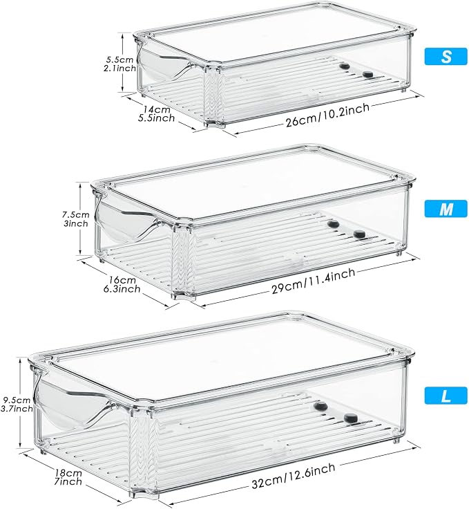 Fridge Organisers Bins Set of 3, Stackable Clear Fridge Storage Containers with Lids, Plastic Refrigerator Storage Box for Kitchen Pantry Freezer Cupboards - Image 6