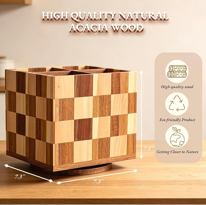 Rotating Square Wooden Utensil Holder – 7.3” Square Acacia Wood Kitchen Utensil Organizer with Checkered Design, Large Countertop Crock for Spatulas, Spoons & Cooking Tools, Farmhouse Kitchen Decor - Image 5