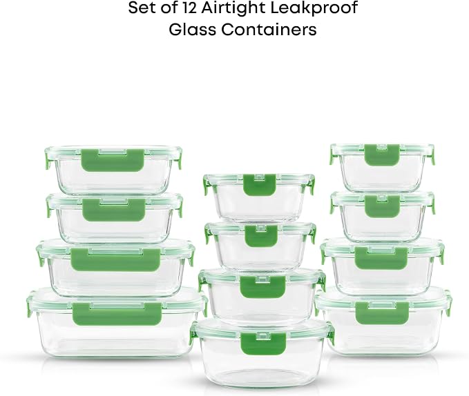 JoyJolt 24pc Borosilicate Glass Storage Containers with Lids | 12 Airtight/Freezer Safe Food Storage Containers for Pantry and Kitchen | Meal Prep Container for Lunch | Glass Tupperware Set - Image 9