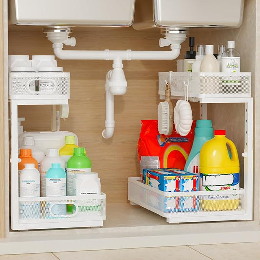 Under Sink Organizer 1 Pack, 2-Tier Slide Out Cabinet Organizer with Metal Sliding Drawer and Hooks, Pull Out Storage Baskets for Kitchen Bathroom Pantry Cabinet Organization (White (1 pack)) by Unknown