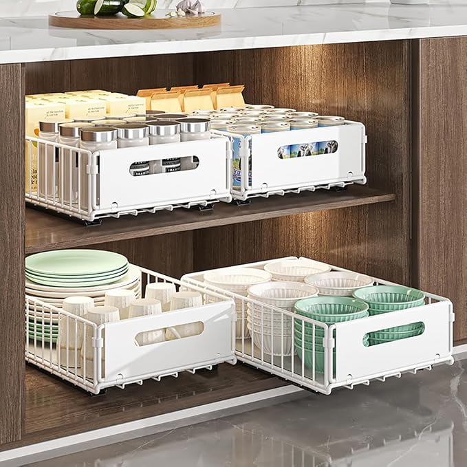 YunNasi Pull Out Cabinet Organizer, White, 4Piece 9.8" W X15 D X7.5 H | Slide Out Drawer Storage Shelves, Cupboard Organiser, Sliding Cabinet Basket for Kitchen, No Drilling and Nailing - Image 7