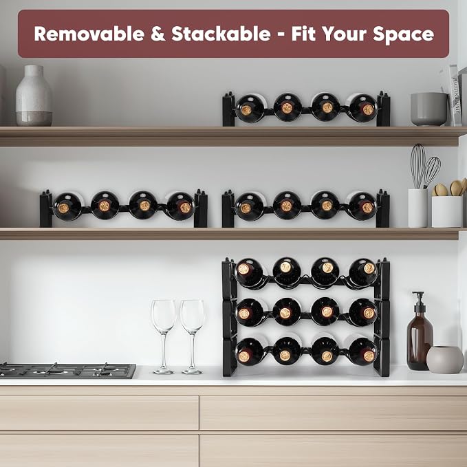 Stackable Countertop Wine Rack, 12 Wine Bottles Holder for Inside Cabinet | ICOHOT Small Tabletop Wine Holder Stand for Pantry Bar, 3-Tier Angle Adjustable Wine Bottle Rack for Tight Spaces - Image 9