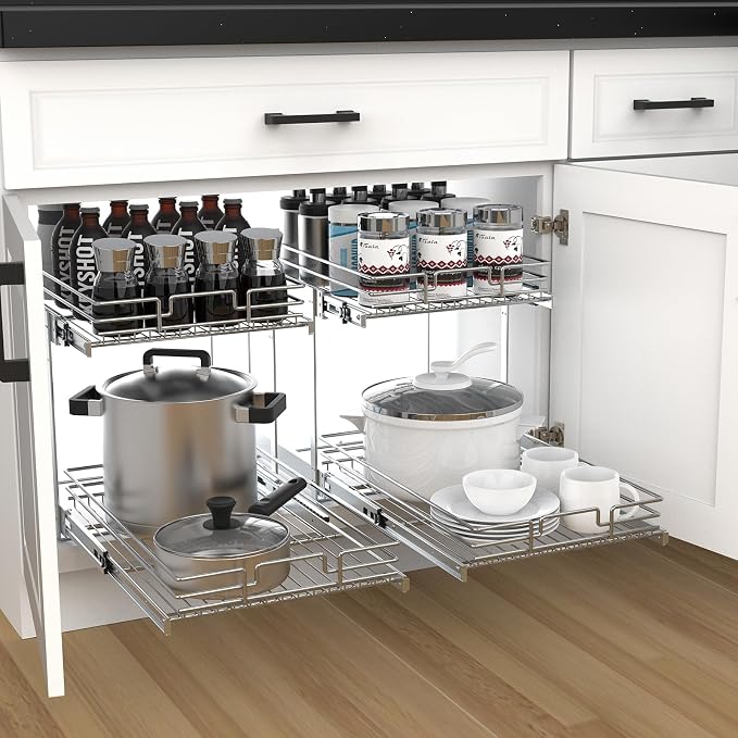 2 Tier Pull Out Cabinet Organizer, 20" W x 21" D Heavy-Duty Metal Sliding Drawer Shelf for Kitchen Cabinets, Chrome, Doesn't Include Door Fittings - Image 9