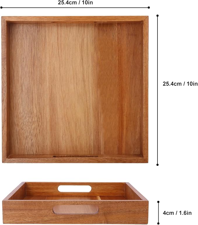 4 PCS Acacia Wood Serving Tray with Handles - 10 Inch Square Wooden Tray with Handles, Ideal as Breakfast, Coffee Table, Decorative, Serving(1.75 Inch Thickness) - Image 2