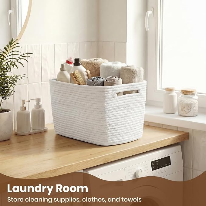 Storage Baskets for Organizing, 14 x 10 x 9” Closet Shelf Woven Baskets, Square Bins with Handles, Cotton Rope Basket for Clothes, Office, Room, White 3 Pack - Image 6