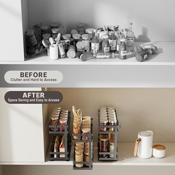 Magheo Pull Out Spice Rack Organizer for Cabinet, 4 Pack Metal Seasoning Organizer Slide Out Spice Storage Shelf No Assembly Vertical Spice Rack Pullout for Kitchen & Bahthroom No Drill(2 Tier,Black) - Image 5