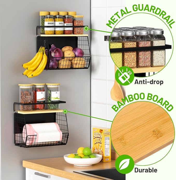 Magnetic Shelf for Fridge with Wood Lid, Fruit Potato and Onion Storage Bins, Pantry Organizers & Storage, Large Container Magnetic Spice Rack for Refrigerator, Kitchen Counter (Black, 1) - Image 3