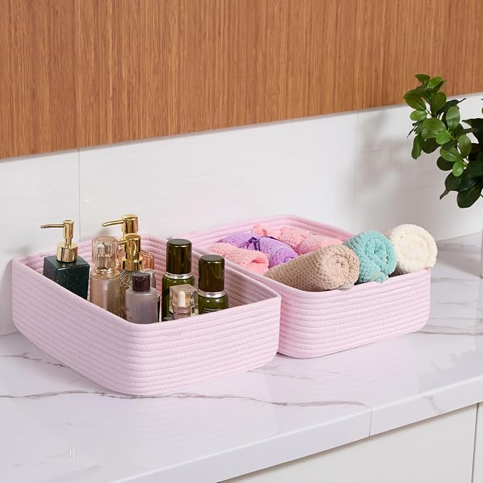 MiniArk Large Shallow Organizing Baskets 15x11x5.1 Inches - Rope Woven Storage Bins for Bathroom, Shelves, Cube Closet, Light Pink 3 Packs - Image 6