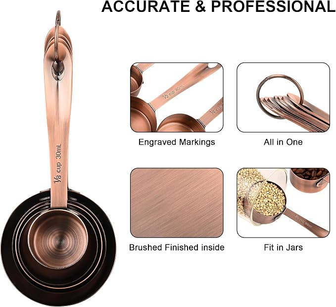 Measuring Cups and Spoons Set, Copper Measuring Cups and Spoons Set for Kitchen & Baking, Stainless Steel 5 Measure Cups & 6 Spoons for Drying&Liquid, US & Metric Measuing Tool - Image 6