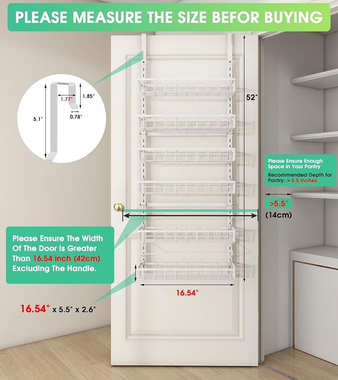 Mefirt Over The Door Pantry Organizer, Wall Mount Spice Rack 6-Tier White | Pantry Hanging Organizers and Storage, Adjustable Baskets Heavy-Duty Metal for Home & Kitchen, Back of Door Seasoning Rack - Image 2