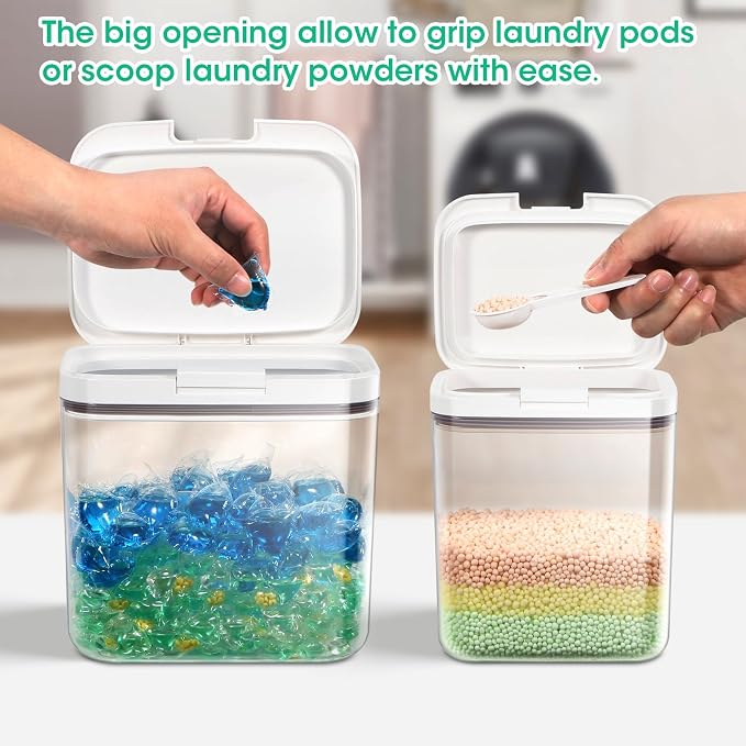 2 Pack Laundry Pods Container with One-Click Pop-up Lid 95 oz + 68 oz | Laundry Room Detergent Storage Containers for Laundry Powder, Scent Booster, Dryer Sheet, Dryer Ball, Dishwasher Pod Holder - Image 3