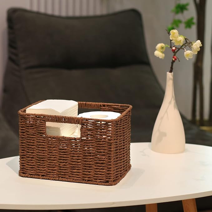 HOONEX Large Woven Baskets for Storage, Paper Rope Baskets with Sturdy Metal Wire Frame, Baskets for Shelves, Set of 3, Dark Brown - Image 4