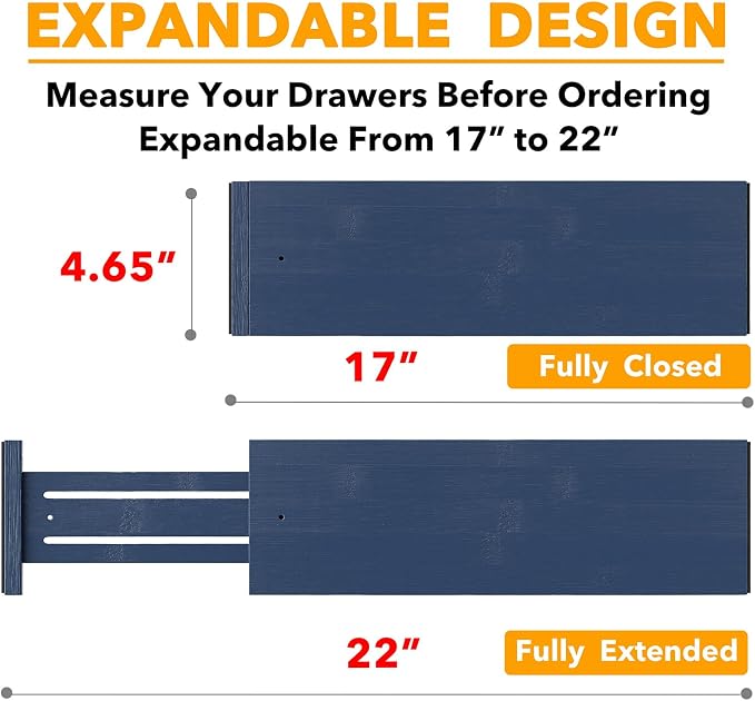 SpaceAid Bamboo 4 Pack Dresser Drawer Dividers, 4.65“ High Adjustable 17“-22” Drawer Organizers, Expandable Organization for Clothing, Clothes, Dressers, Navy Blue - Image 3