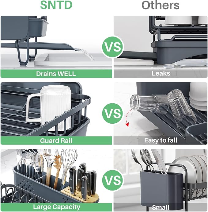 SNTD Large Dish Drying Rack for Kitchen Counter, Expandable, Grey | Stainless Steel Dish Drainer, Adjustable Length 18.9''-29.3'', Automatic Drainage, 360° Spout, Cutlery Holder with Knife Slot - Image 6