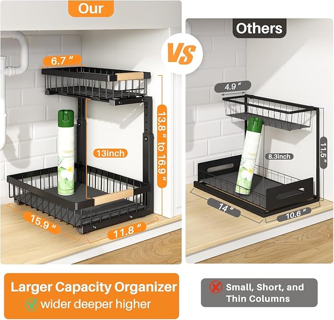 PXRACK Under Sink Organizer, Adjustable Height, 2 Tier Pull Out Under Cabinet Organizer, Slide Out Thickened Metal Under Sink Storage for Kitchen Bathroom Laundry Pantry Cabinet, Black, Large-1-Pack - Image 2